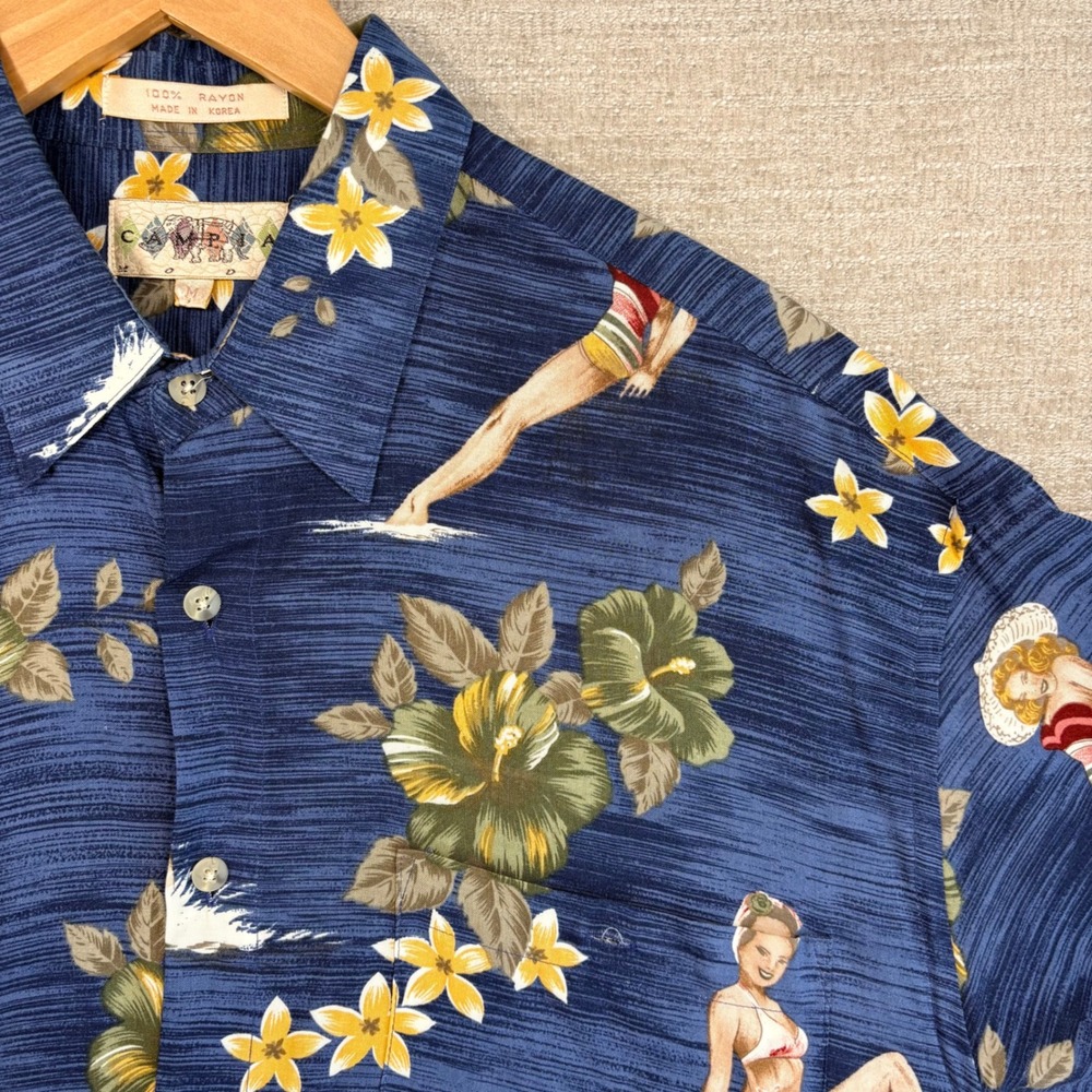 Campia Moda Mens Vintage Blue Pinup Girl Tropical Hawaiian Aloha Camp Shirt Med